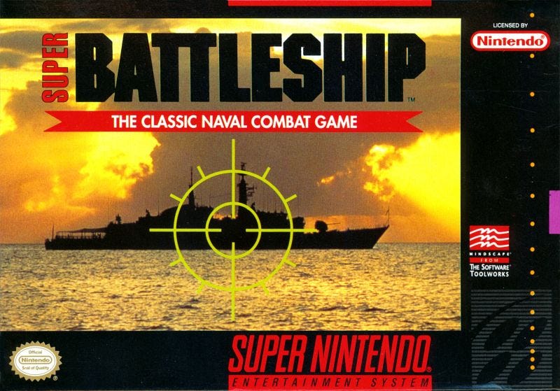 The SNES box art for Super Battleship, featuring a naval vessel being targeted with a reticule.