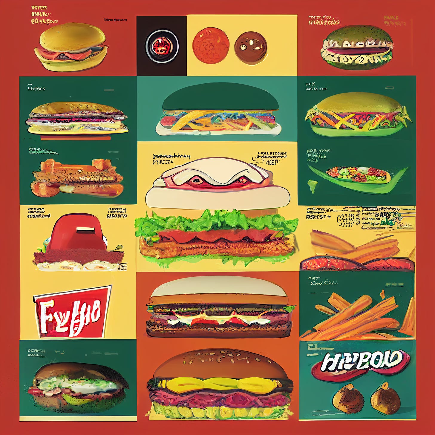 A cartoon of fake fast food brands and food