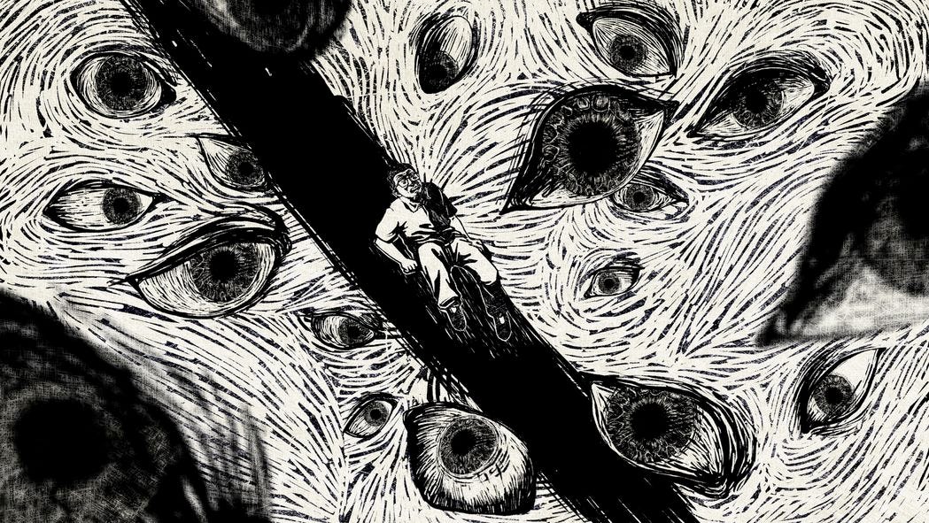 A wood-cut-style image of 15 giant eyes glaring at a small male figure during an animation sequence in the documentary