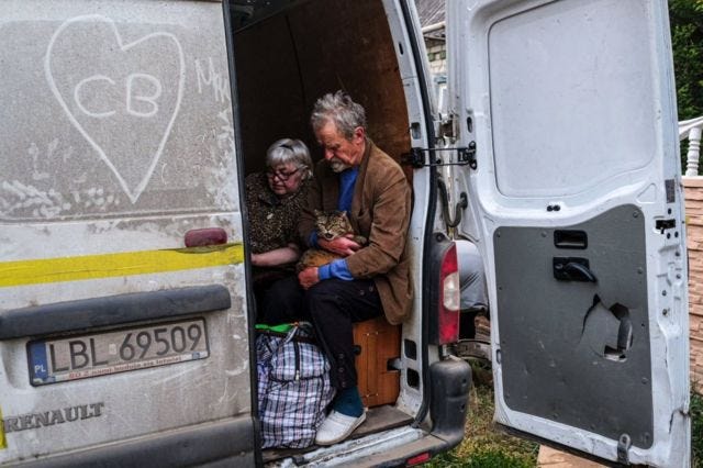 SEVERODONETSK, UKRAINE - 2022/05/25: People from Severodonetsk are seen in a van that will take them to Kramatorsk. Severodonetsk, the largest city under Ukrainian control in Luhansk province, has come under intense artillery and missile strikes from the Russian army. As a result, the city is almost completely isolated from the rest of the region.