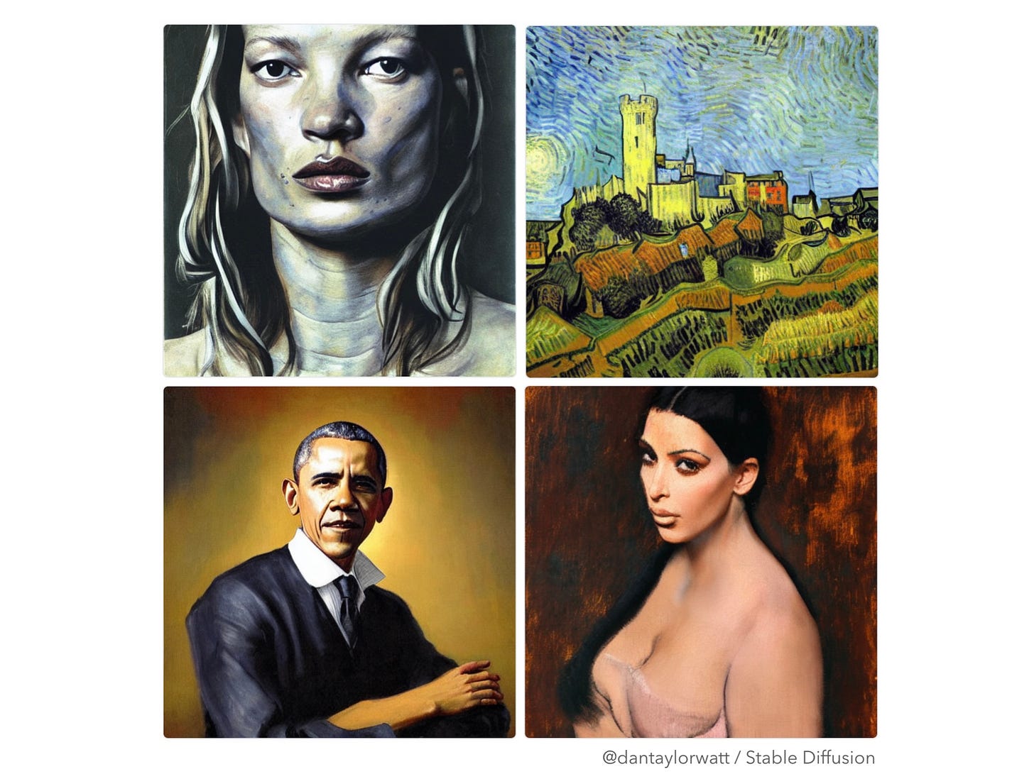 Images created by Stable Diffusion using prompts ‘Kate Moss painted by Lucien Freud’, ‘Lewes Castle painted by Van Gogh’, ‘Barack Obama painted by Rembrandt’, ‘Kim Kardashian painted by Degas’
