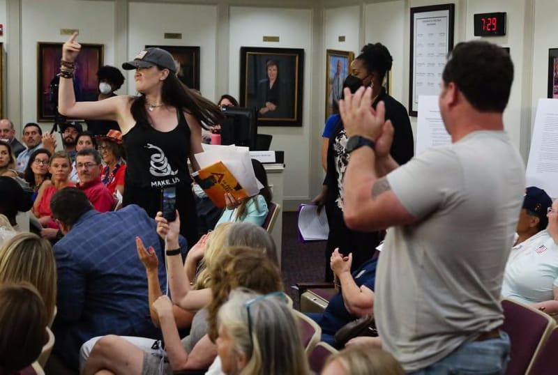 Tara Chang flips off the Virginia Beach School Board after speaking to the board about masks during a meeting on Tuesday, Aug. 10, 2021. Chang was escorted out of the building by staff and Virginia Beach Police after flipping the board off.