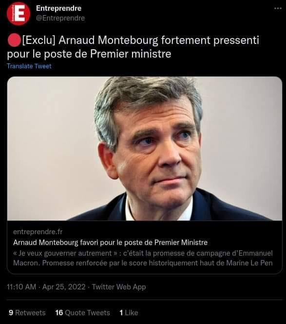 Peut être une image de 1 personne et texte qui dit ’E Entreprendre [Exclu] Arnaud Montebourg fortement pressenti pour le poste de Premier ministre Arnaud Montebourg favori pour le poste de Premier Ministre 16’
