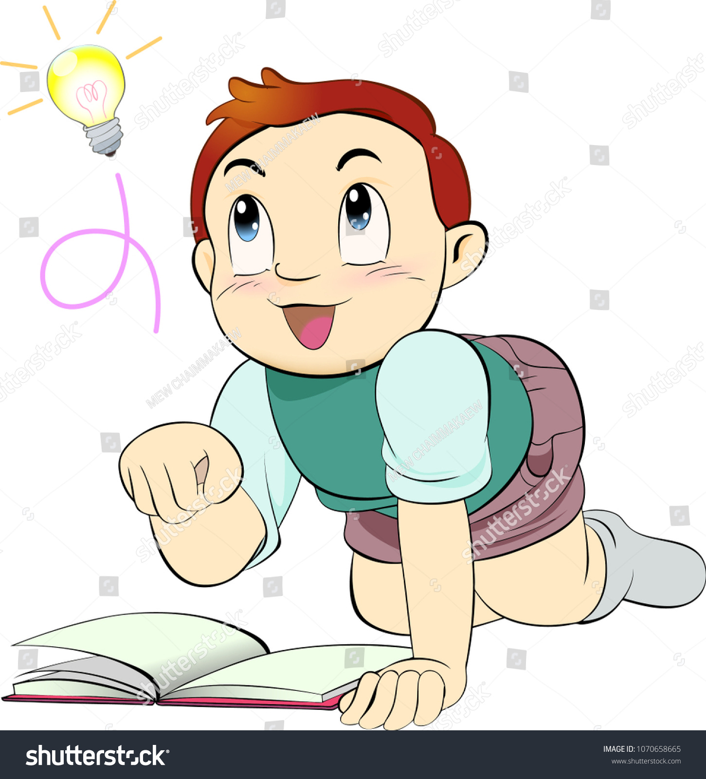 Little Boy Thinking While Reading Bookvector Stock Vector (Royalty Free)  1070658665