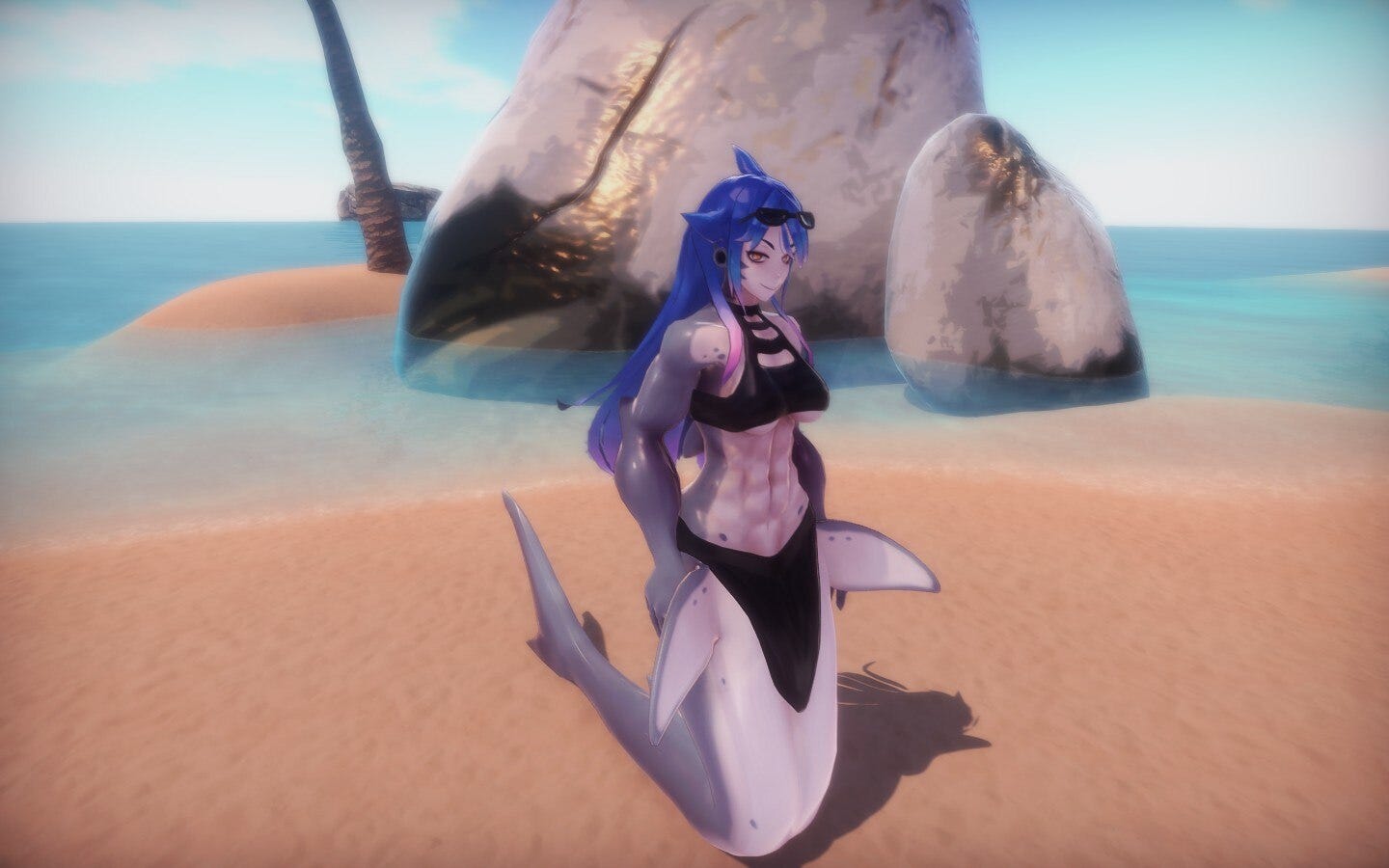A shark girl on the beach looks smugly at the player