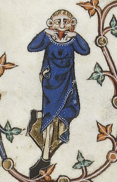 A medieval picture of a man pulling a face and sticking his tongue out