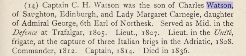Snippet from the Trafalgar Roll detailing the military career of Charles Hope Watson