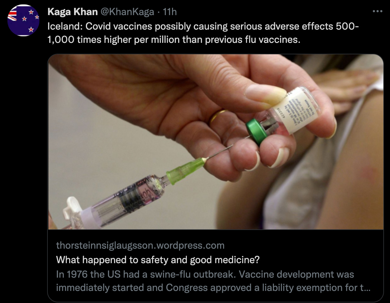 "Iceland: Covid vaccines possibly causing serious adverse effects 500-1,000 times higher per million than previous flu vaccines."