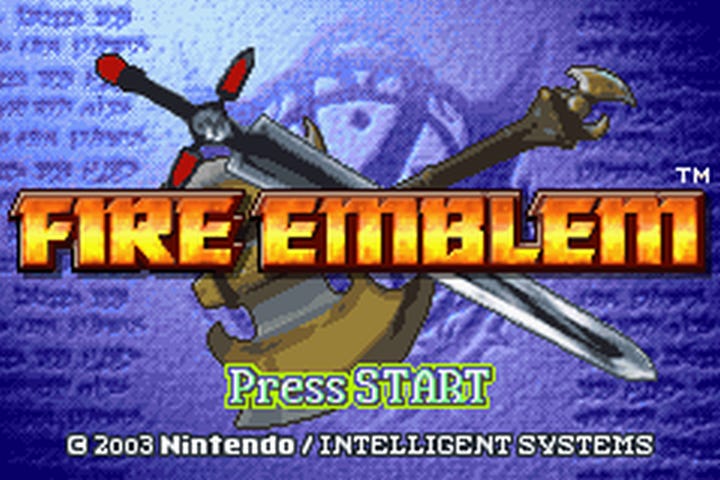 The title screen from the North American version of The Blazing Blade, which omits that subtitle since it's the first Fire Emblem released internationally.