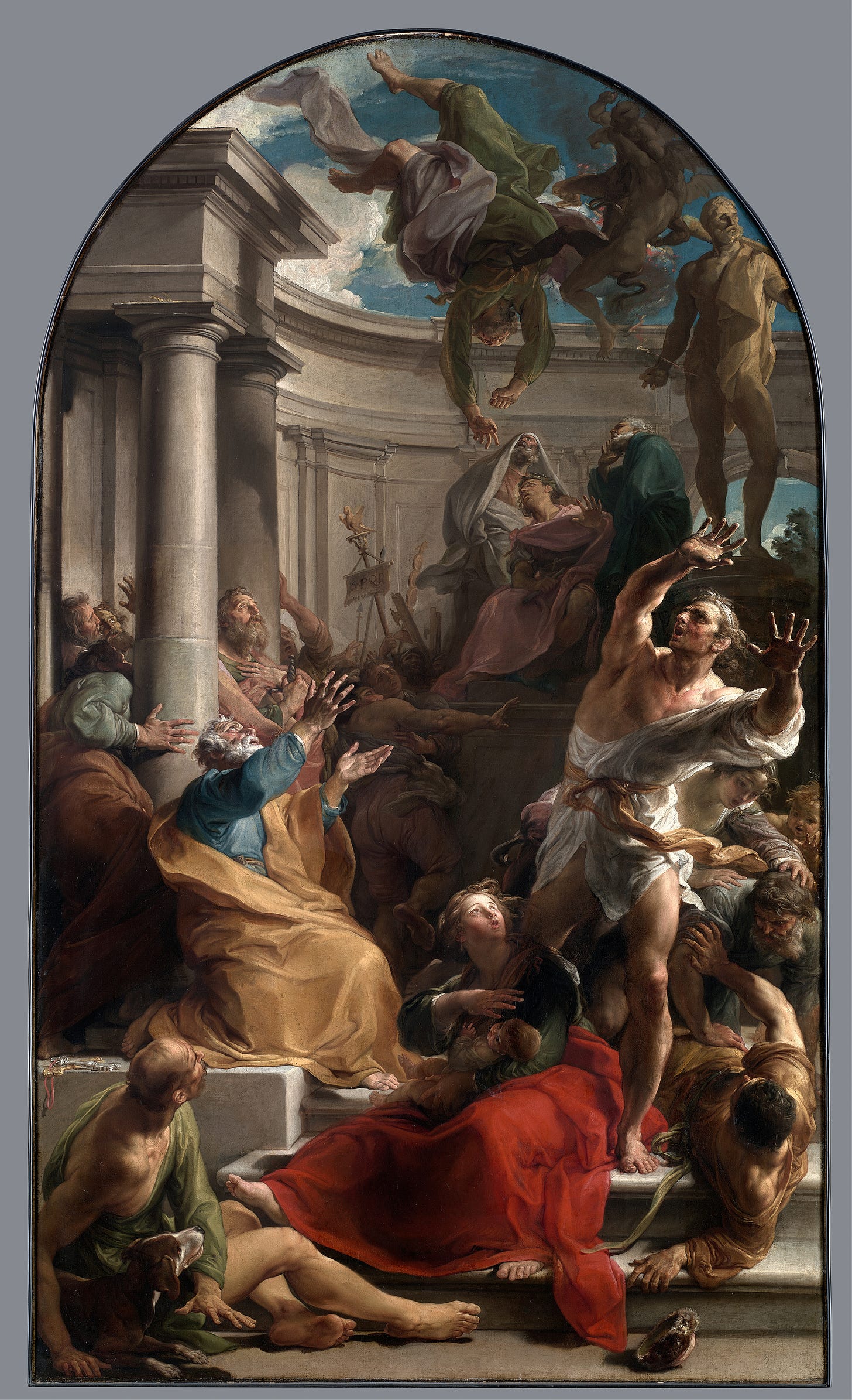 This artwork is a classic by Pompeo Batoni.The Fall of Simon Magus (c. 1745- 1750) by Pompeo Batoni