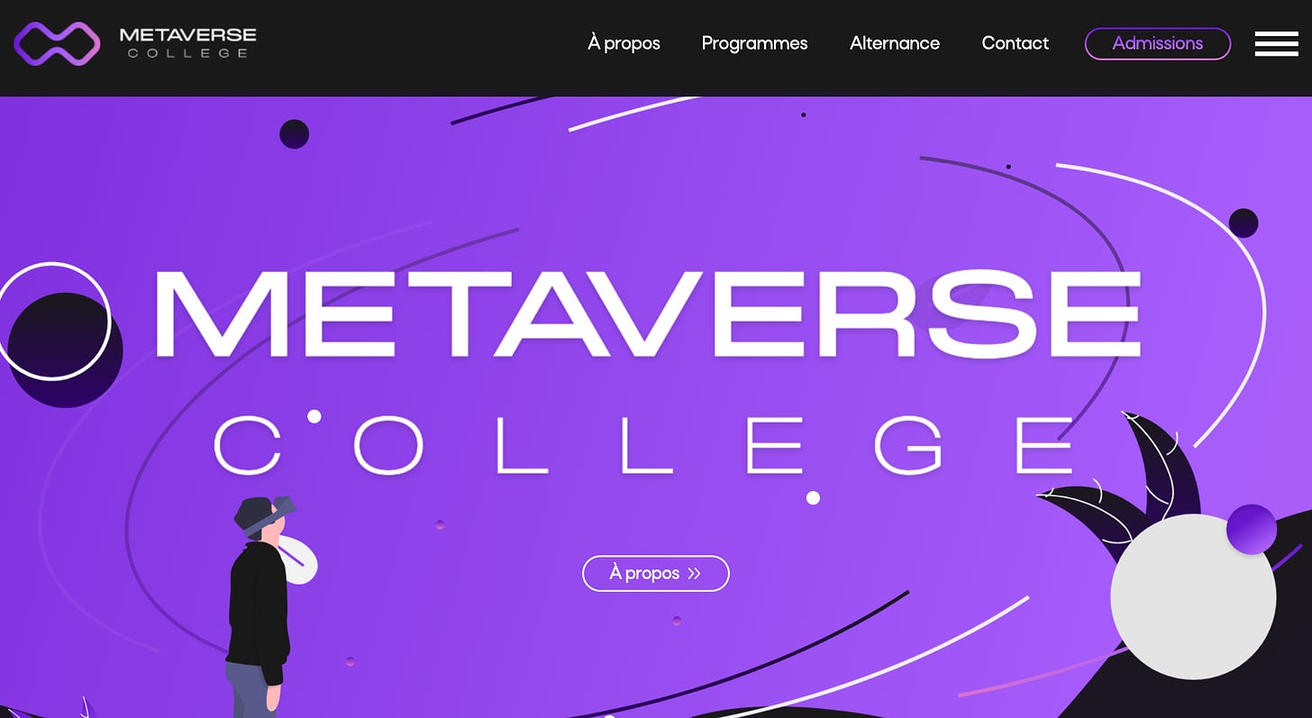 Capture d’écran du site du Metaverse College