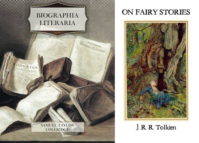 This diptych shows the cover of Samuel Taylor Coleridge's 1817 book Biographia Literaria on the left and the cover of J.R.R. Tolkien's essay "On Fairy Stories" on the right. This diptych shows the cover of Samuel Taylor Coleridge's 1817 book Biographia Literaria on the left and the cover of J.R.R. Tolkien's essay "On Fairy Stories" on the right.