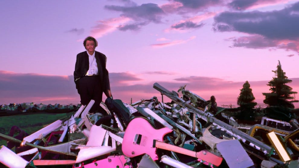 a former musician, surrounded by destroyed instruments, under a pink sky, photographed by William Eggleston