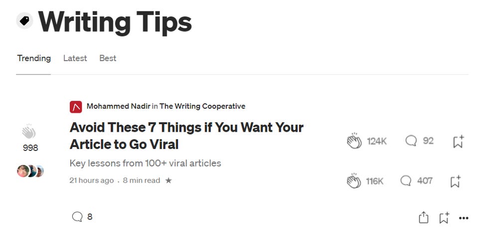 The trending page for the Writing Tips topic, showing one of my articles ranking #1.