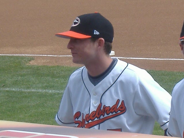 Shorebirds pitcher Brett Bordes checks out the crowd before a recent game.