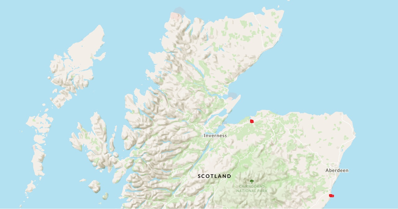 Map of northern Scotland, with Forres marked with a red blob east of Inverness, and Dunnottar marked with a red blob south of Aberdeen