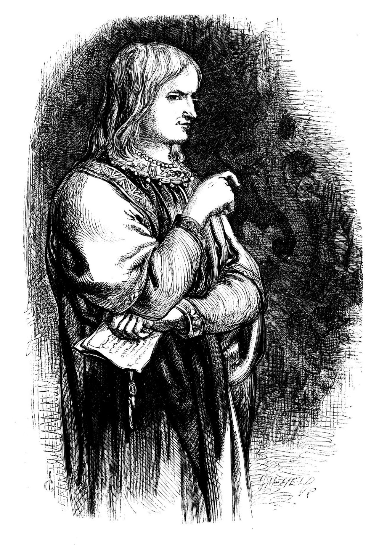 A black and white etching of a man in medieval robes with shoulder-length, fair hair. He is smirking and half-concealing a letter in one hand. 