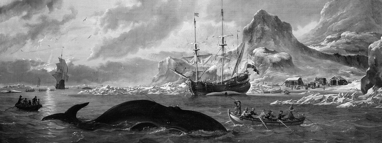 A painting of men rowing away from a harpooned whale, Two boats and two ships in the distance.