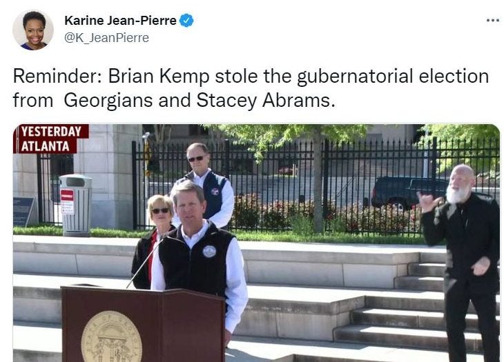May be an image of 5 people, people standing and text that says 'Karine Jean-Pierre @K_JeanPierre Reminder: Brian Kemp stole the gubernatorial election from Georgians and Stacey Abrams. YESTERDAY ATLANTA htint'