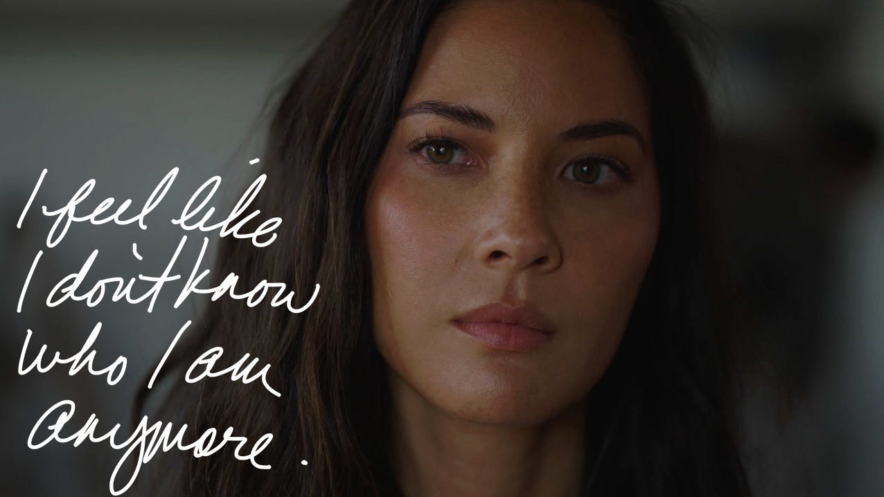 Olivia Munn as Violet. On the screen, her inner thoughts read "I feel like I don't know who I am anymore."