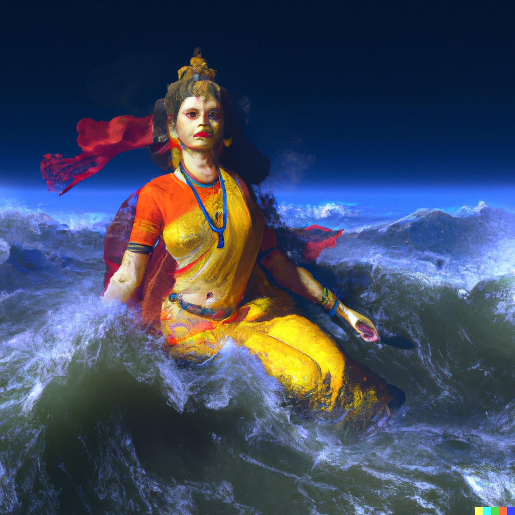 A light-skinned woman sits in the dark ocean water under a dark night sky. She is wearing a yellow sari with an orange blouse. Her dark hair is put up in an intricate style with Indian gold head jewelry. The waves froth around her.