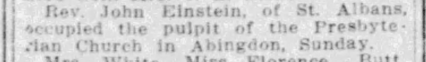 Newspaper clipping showing John Einstein at the pulpit of a Presbyeterian church. 