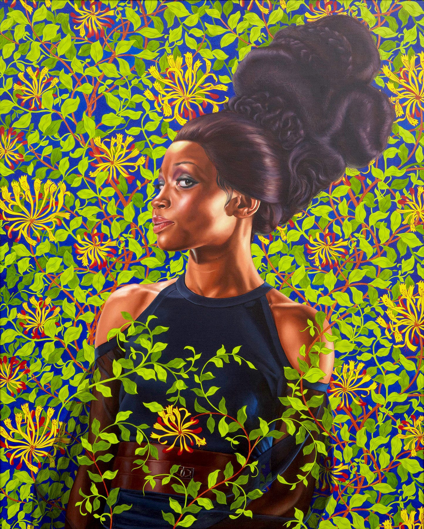 Sixties styled black woman with beehive on a floral background