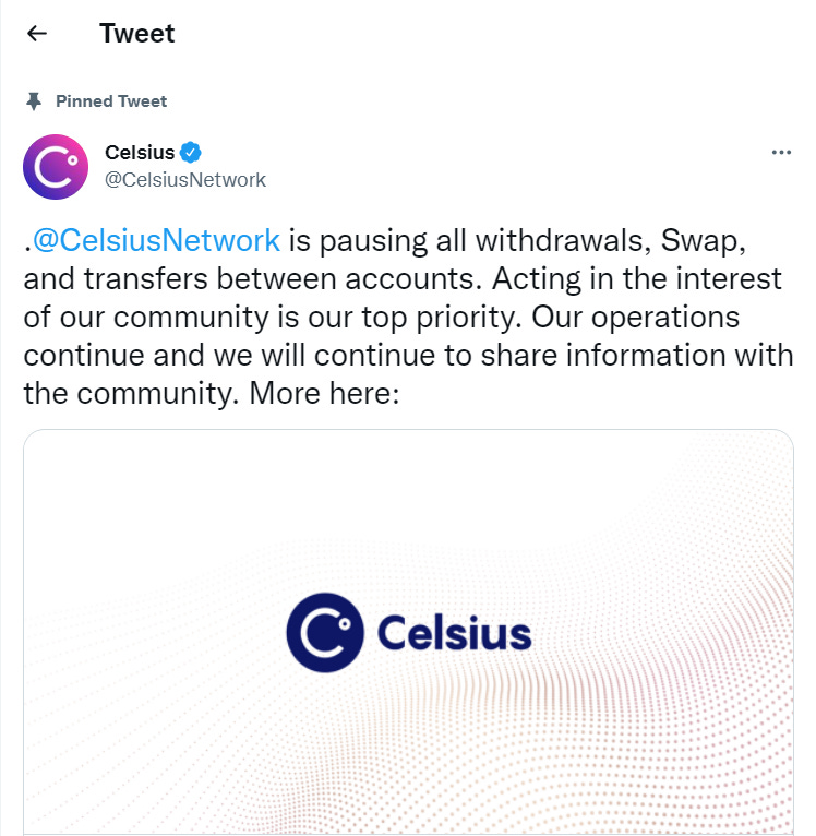 Crypto Lending Platform Celsius pauses all transfers, and withdrawals as  Markets Tumble - Crypto Bulls Club