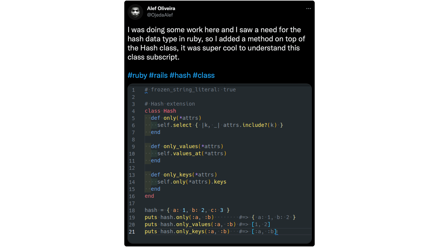I was doing some work here and I saw a need for the hash data type in ruby, so I added a method on top of the Hash class, it was super cool to understand this class subscript. #ruby #rails #hash #class