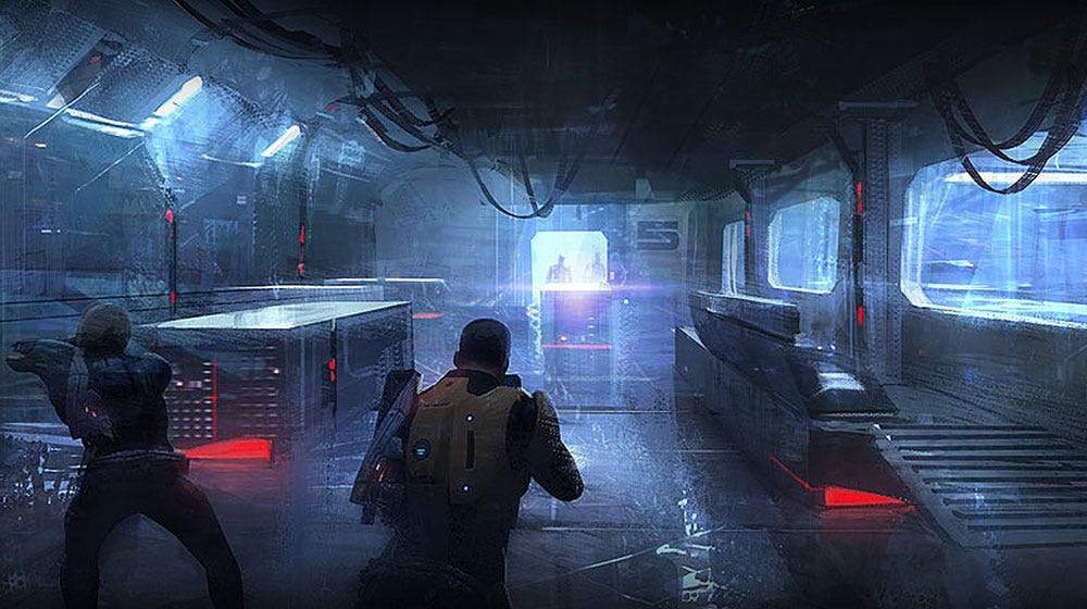 Artwork for Mass Effect 2, showing Shepard and Thane approaching inside a sci-fi styled prefab