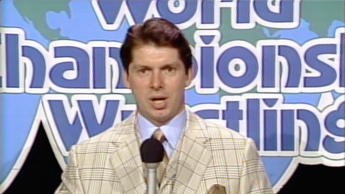 Vince McMahon hosts the infamous “Black Saturday” edition of World Championship Wrestling on Superstation WTBS that aired on July 14, 1984. (Image source: WWE Network screenshot.)