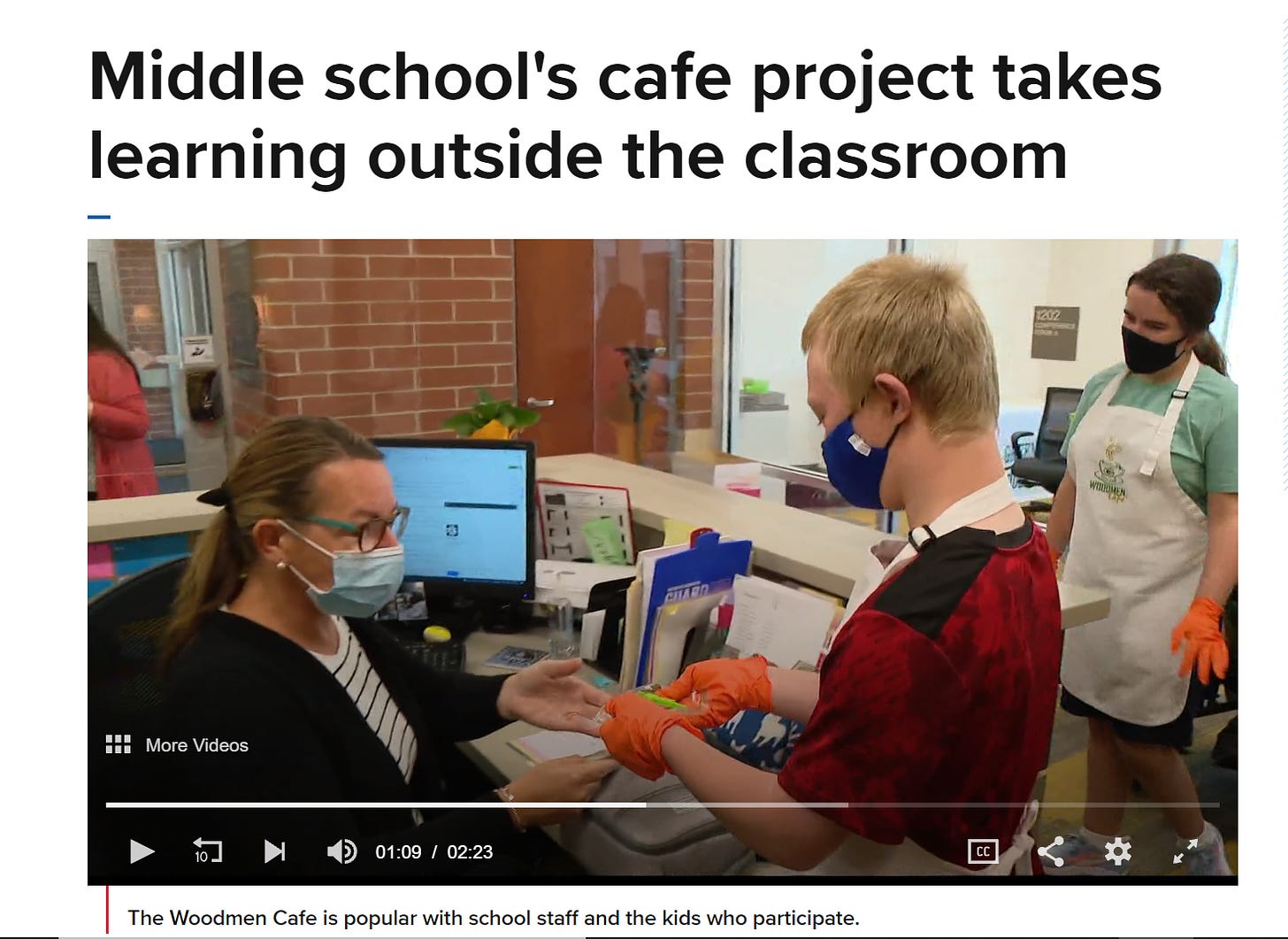 [image] a student wearing a mask and gloves delivering treats to school staff with a peer looking on; text reads: middle school’s cafe project takes learning outside the classroom, the woodman cafe is popular with school staff and the kids who participate (Credit: WTHR)