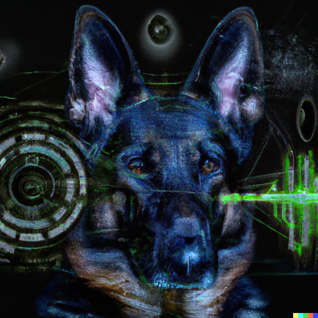 DALL-E a black German Shepherd's head and ears appear on a dark background  surrounded by digital bits of data flowing
