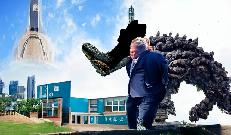 AI generated image of a distorted giant Doug Ford descending on a school