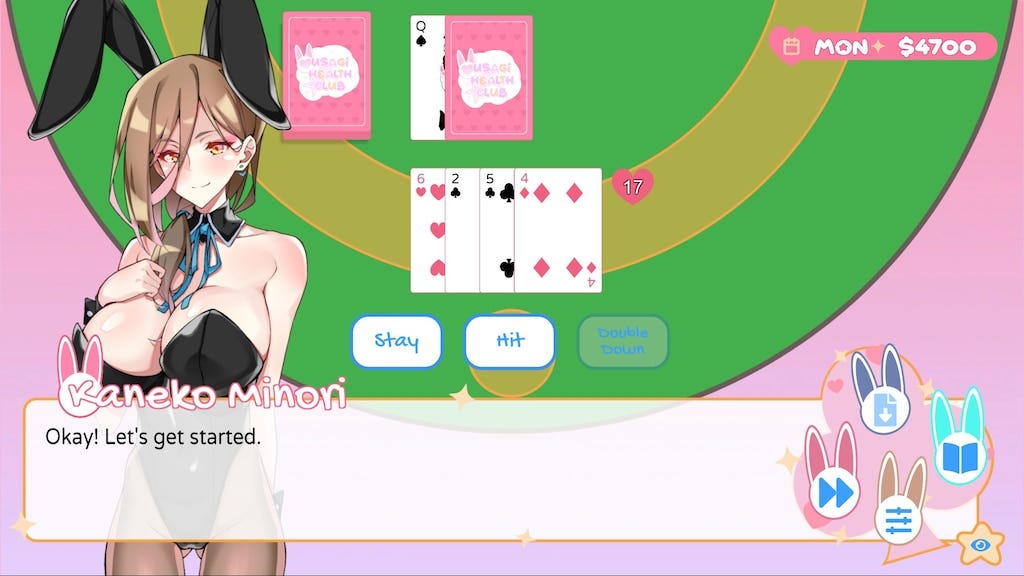 Layout of the Blackjack minigame and a brown-haired bunny girl on the left