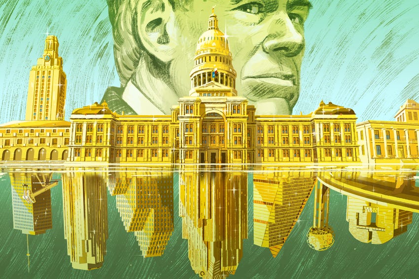 In an illustration, Greg Abbott overlooks the Texas Capitol and reflected buildings representing Texas cities.