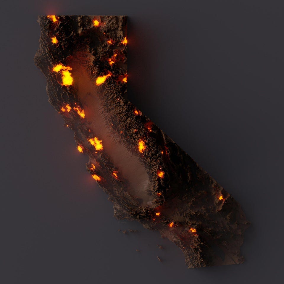 r/MapPorn - 3D Rendered Relief Map of California's 2020 Wildfire Boundaries (So Far) [OC]