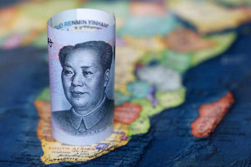 Chinese yuan on the map of Africa continent