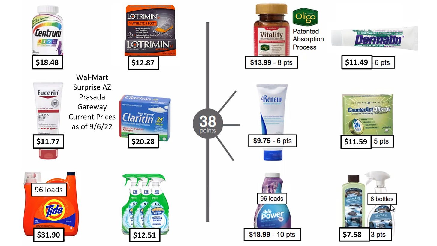 May be an image of text that says 'Centrum LOTRIMIN ' ning/ LOTRIMIN $18.48 Vitality $12.87 Patented Absorption Process Eucerin $13.99 pts EA Wal-Mart Surprise AZ Prasada Gateway Current Prices Claritin as of 9/6/22 sudloor& $11.49 pts $11.77 Renew 38 points $20.28 $9.75- pts 96 loads $11.59 pts 一年 Tide $31.90 96 loads $12.51 power bottles $18.99-10pts $18.99-1 pts $7.58 pts'