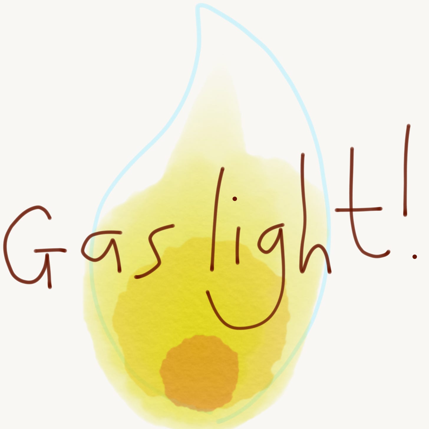 Sketch of gas flame with gas light! written over the top.