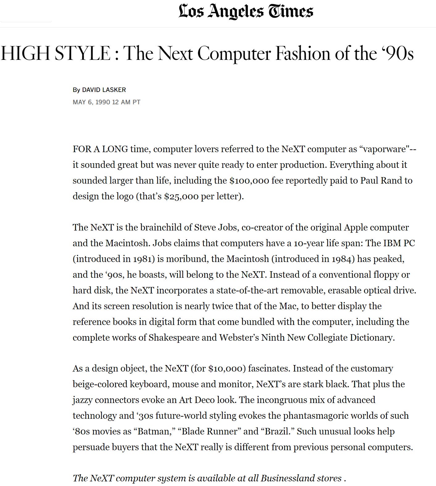 LA Times headline "High Style: The Next Computer Fashion of the 90s"