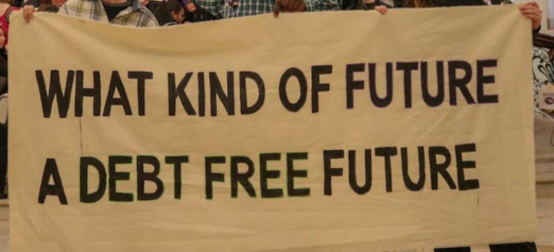 Banner reading: What Kind of Future—A Debt Free Future
