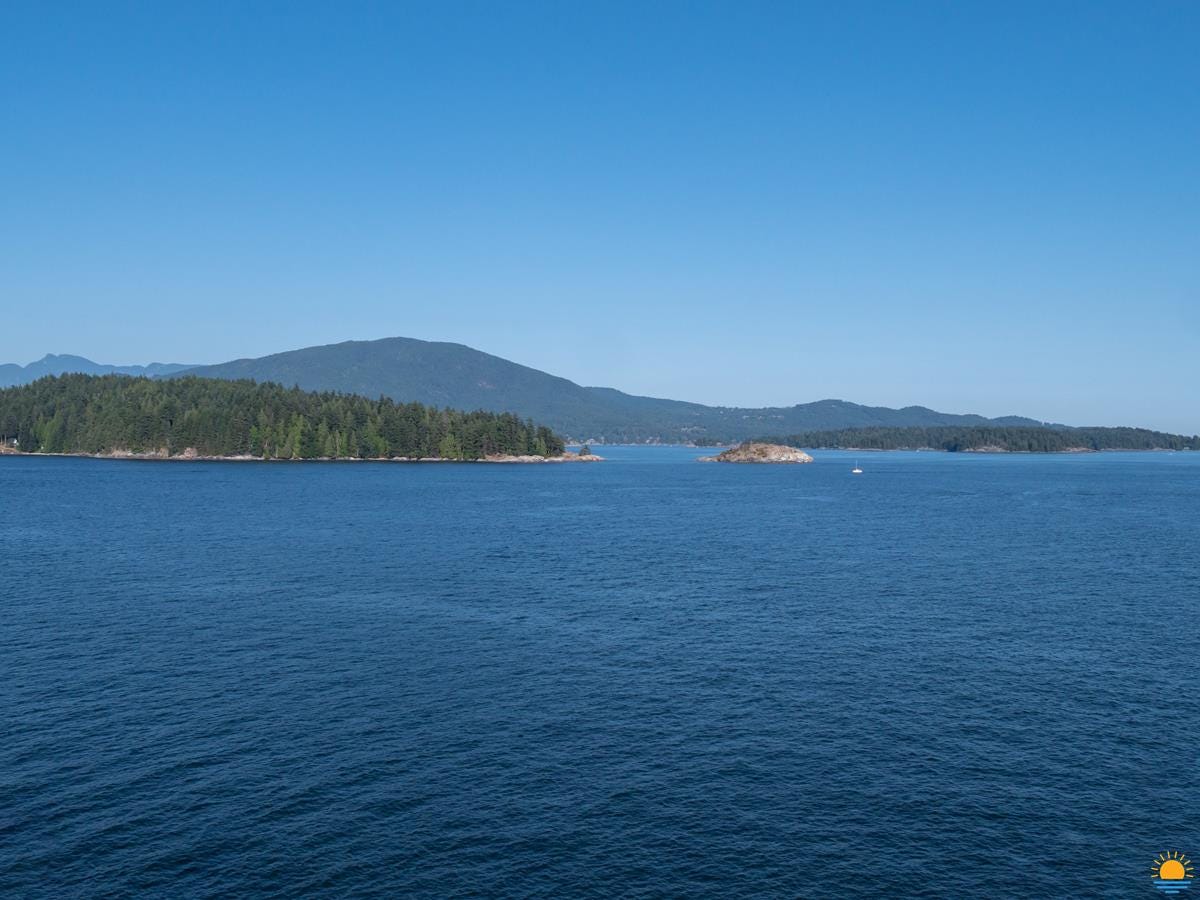 Salmon Rock on Keats Island as seen from Gospel Rock in Gibsons, BC. Bowen Island is in the distance.