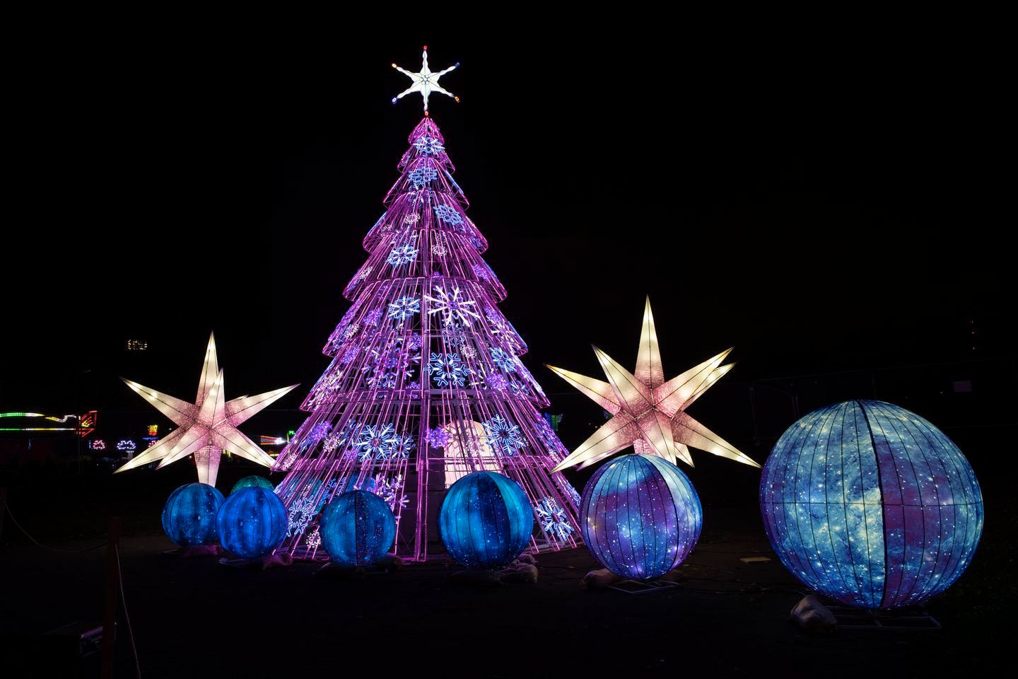A luminous Christmas tree and decorations.