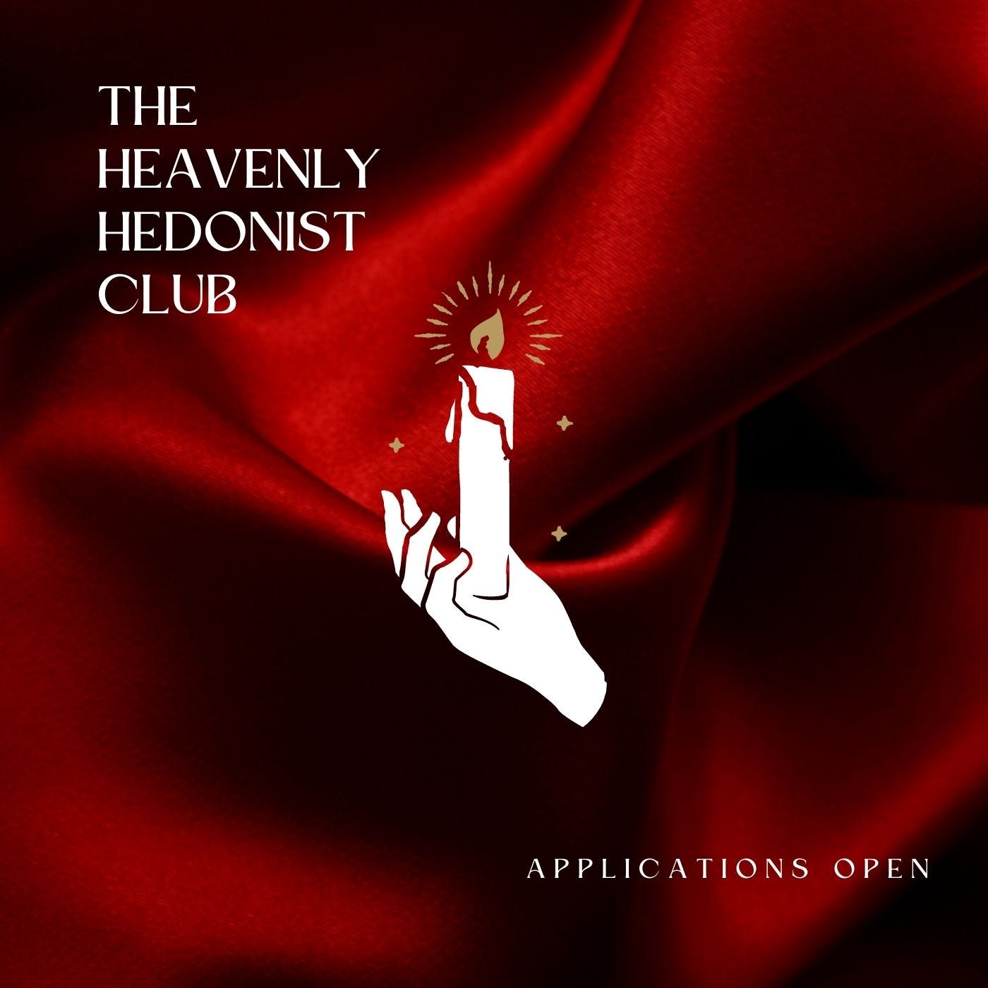 a graphic of a hand holding a lit candle over a red silk background, with the text THE HEAVENLY HEDONIST CLUB