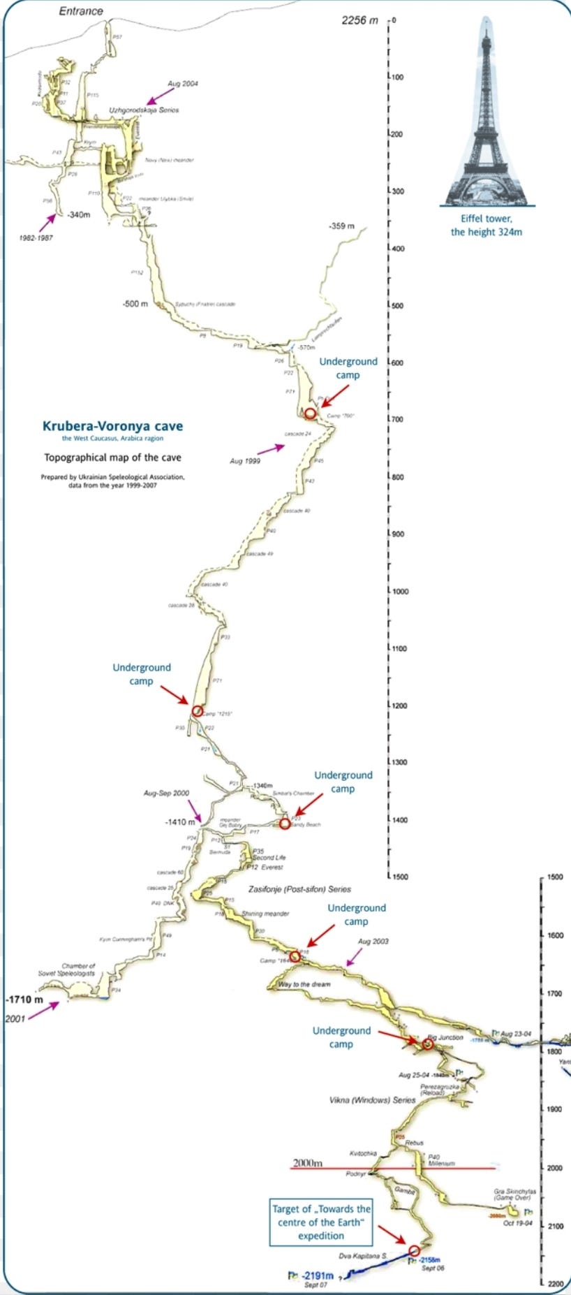 r/MapPorn - Map of the 2191 meter deep Krubera cave. The deepest known cave system in the world.