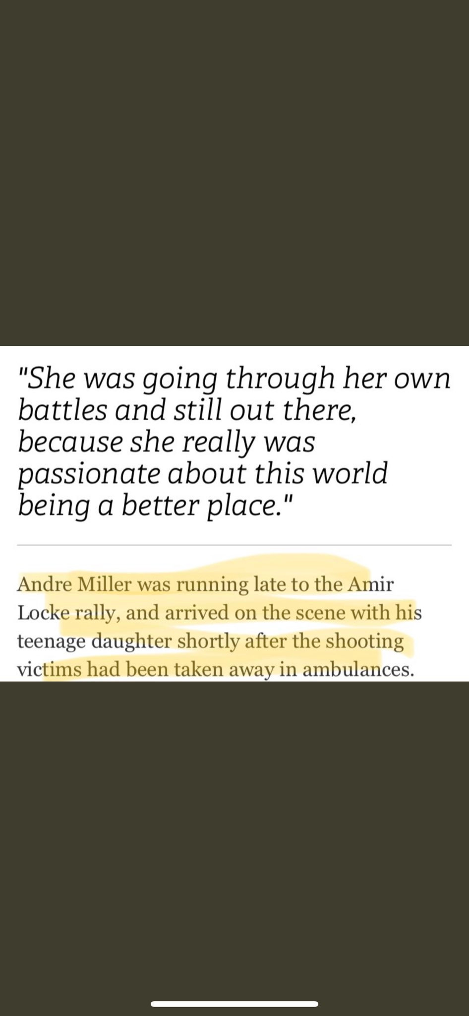 Title reads “she was going through her own battles and still out there, because she really was passionate about this world being a better place.” 

Text under it reads “Andre Miller was running late to the Amir Locke rally, and arrived on the scene with his teenage daughter shortly after the shooting victims had been taken away in ambulances.”