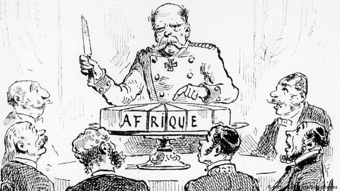 French caricature (from 1885): German chancelor Bismarck divides the African continent among the colonial powers (AKG/Picture Alliance)