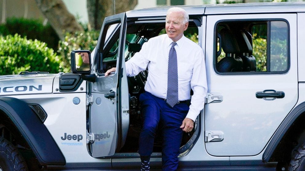 PHOTO: President Joe Biden gets into Jeep Wrangler 4ex Rubicon on the South Lawn of the White House during an event on clean cars and trucks in Washington, Aug. 5, 2021.