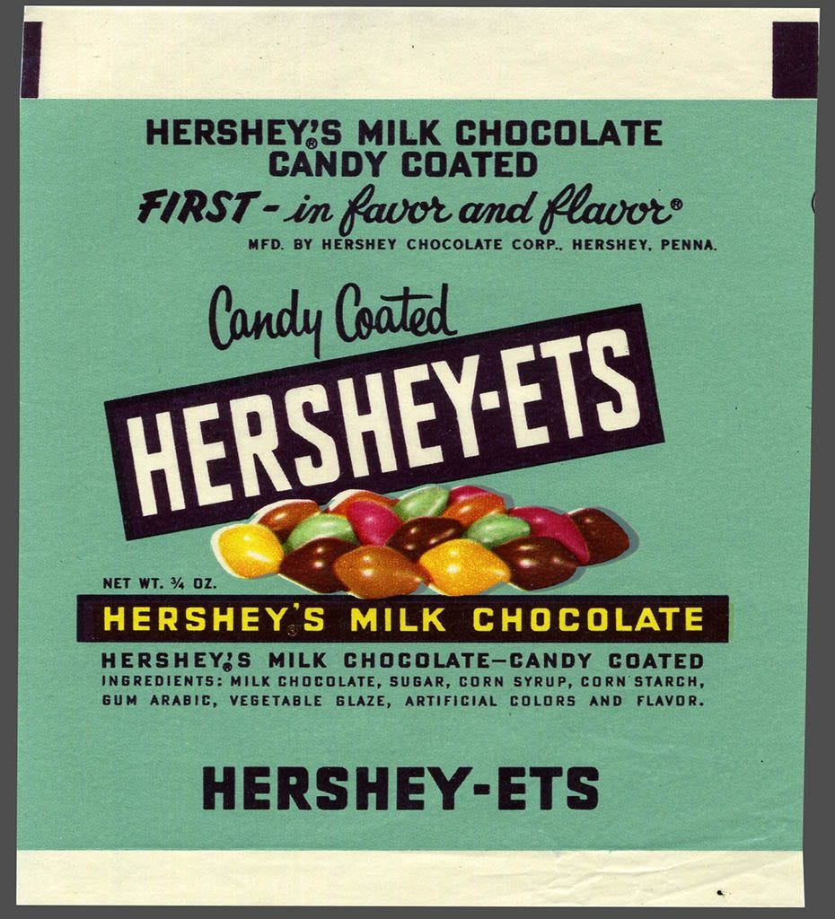 Hershey's - Hershey-ets - candy package proof - 1950's - Courtesy Dan  Goodsell A favorite of mine as a ki… | Candy packaging, Milk chocolate  candy, Classic candy